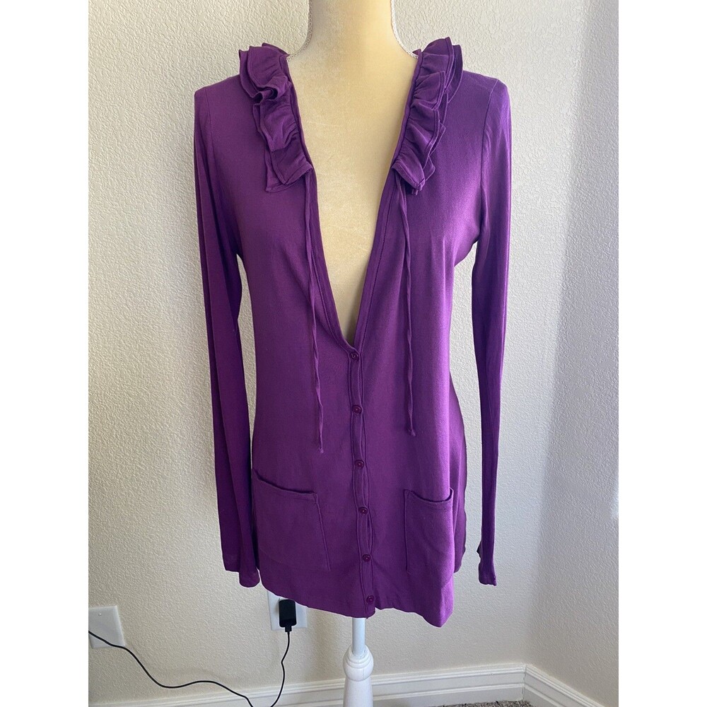Three Dots Cotton Purple Cardigan w/Ruffled Collar, Pockets And Button Down SZ M